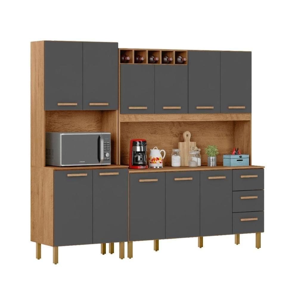 Armário De Cozinha Clara 11 Portas 2,36 Mt Amêndoa Grafite