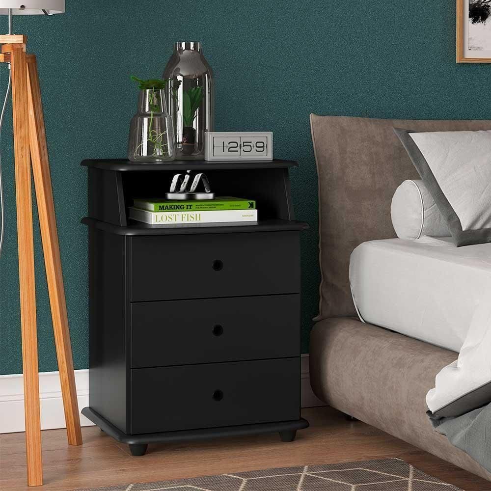 Mesa De Cabeceira 3 Gavetas Com Nicho Preta Para Quarto Preto