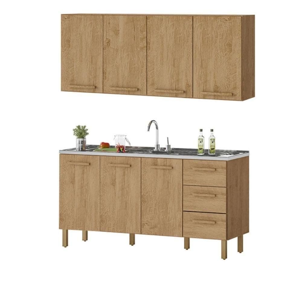 Armário De Cozinha Com Balcão Fortaleza 3 Portas Amêndoa