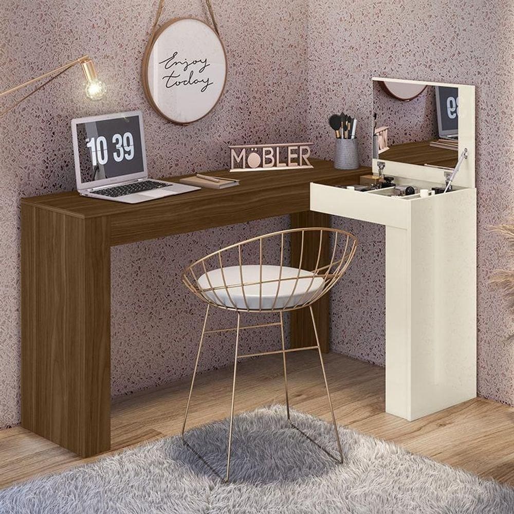 Escrivaninha De Canto Com Penteadeira Jade Com Nicho Espelho Porta Basculante ? Design Moderno - Freijo - Off White