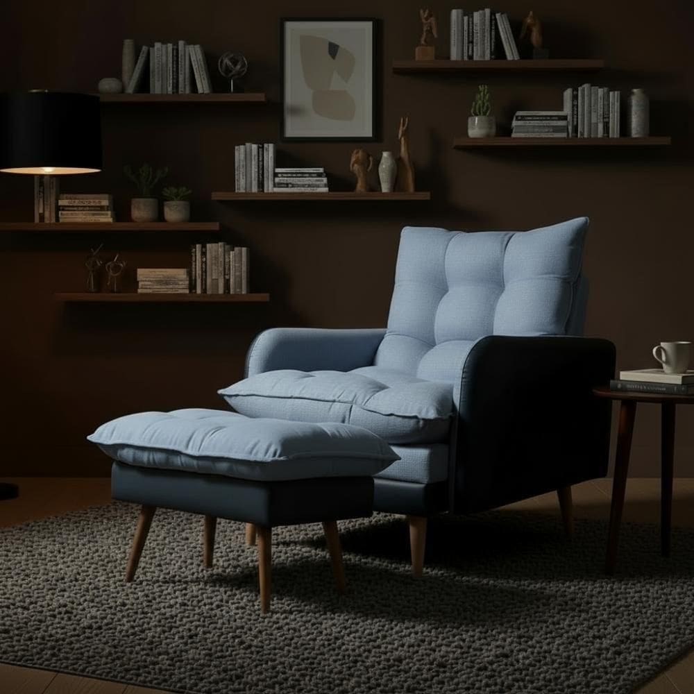 Poltrona Reclinável 3 Posições Com Puff Roma Em Linho Premium Grafite Preto Com Puff Roma