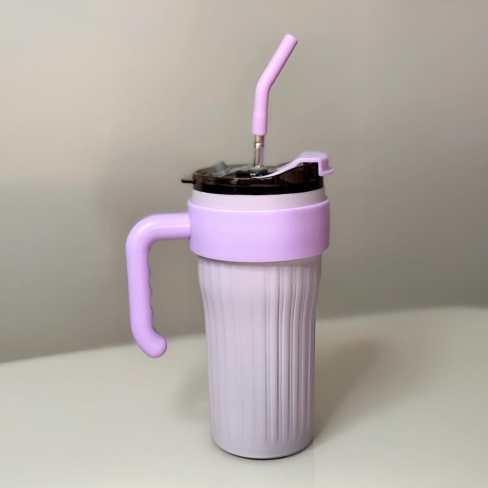 Copo Caneca Térmico Com Tampa Canudo Alça Inox Cor:Lilás