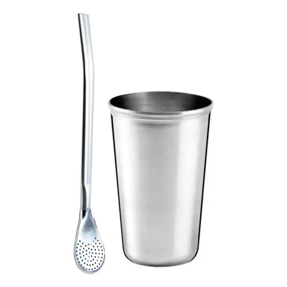 10X Kit 1 Cuia Copo Inox 200Ml 1 Bomba Lisa Prática Erva Te