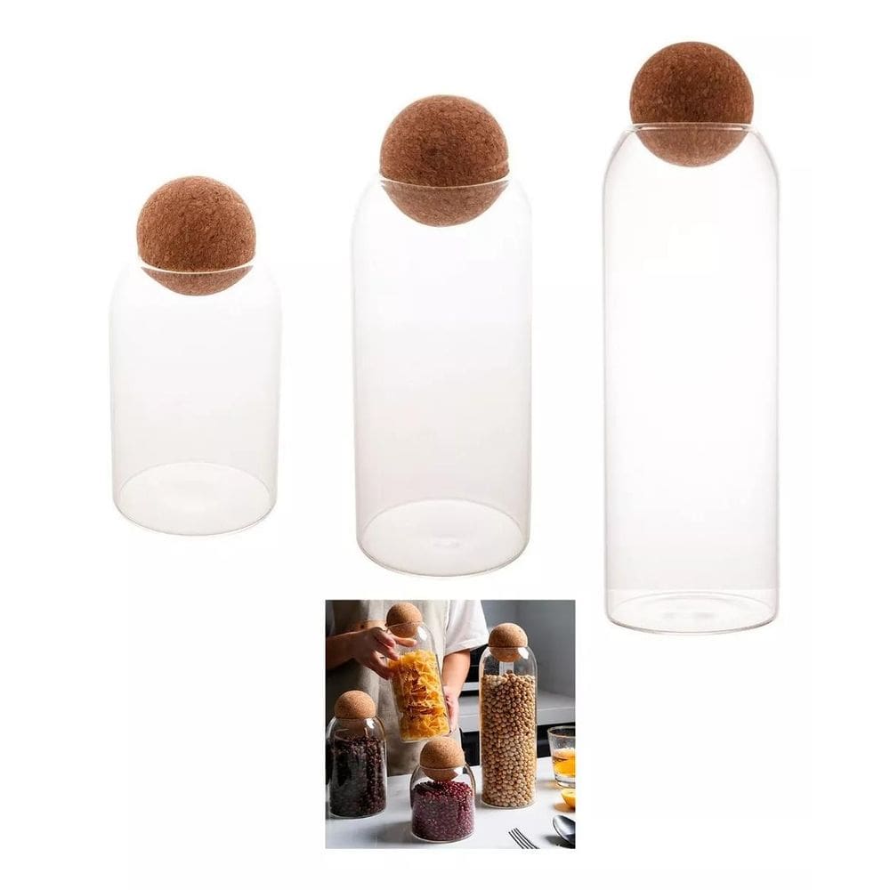 3X Pote Vidro Rolha Cortiça Borossilicato 1,3L 1,1L E 800Ml