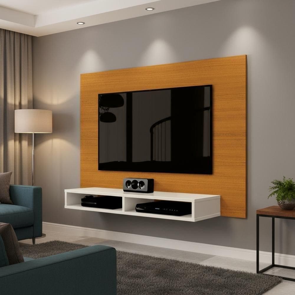 Painel Suspenso Para Parede Tv 43 Polegadas 1,20m Com Nicho - Cedro-off White