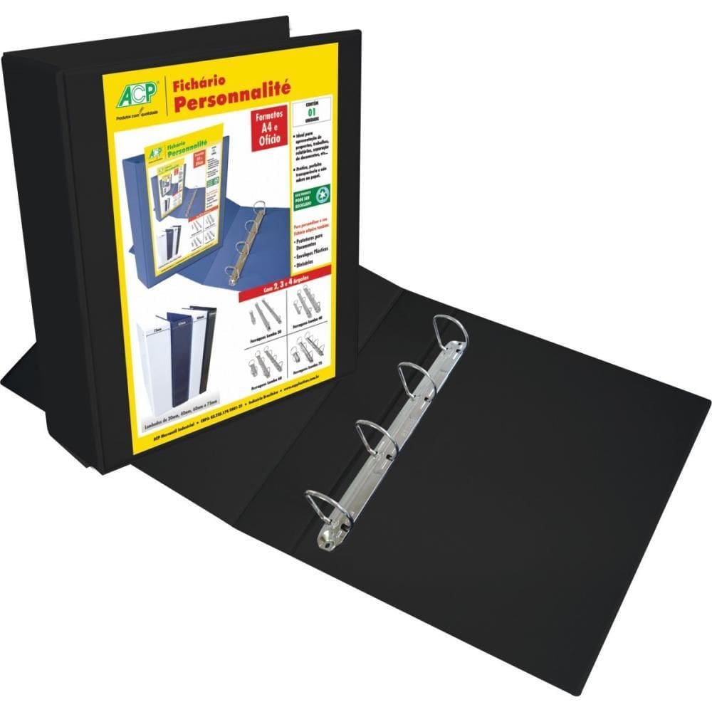 Fichário De Pvc Personalite A4 75mm 4 Argolas Preto - Acp