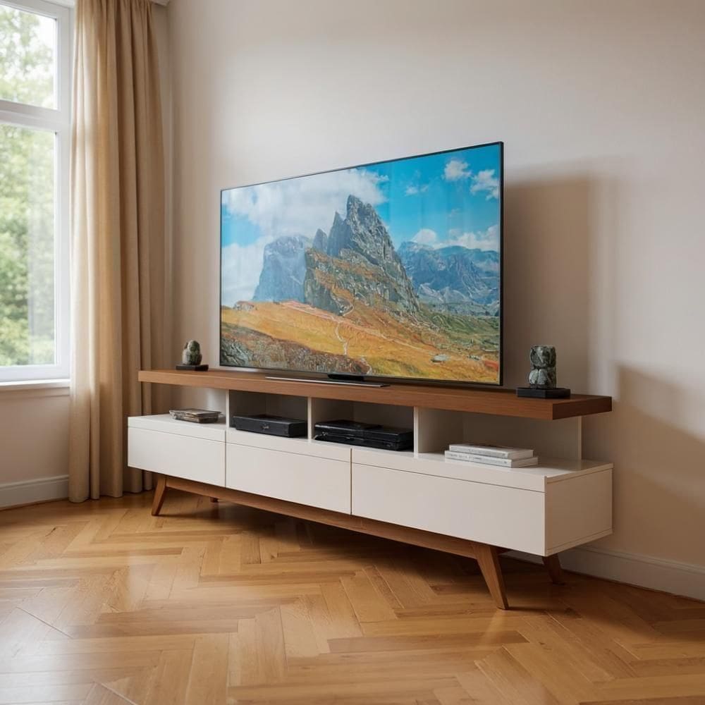 Rack Aparador 3 Gavetas Para Tv Até 70″ Com Pés De Madeira - Wood Off White/freijo