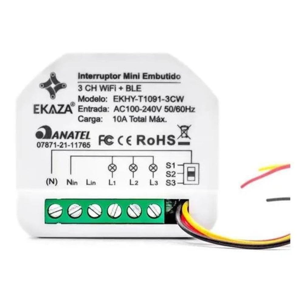 2X Interruptor Relé Mini Embutido Ekaza Wi-Fi Ble 3 Canais 1