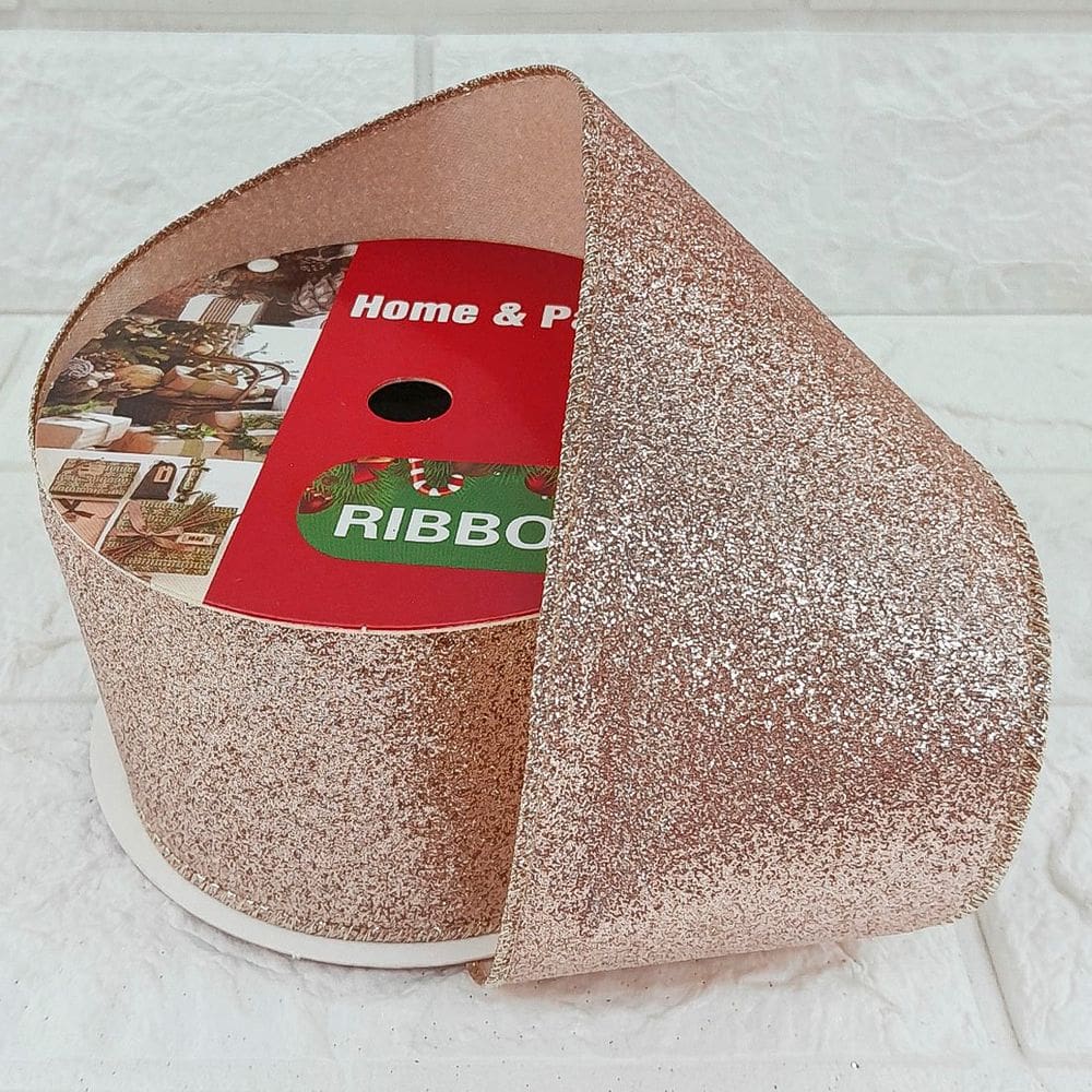 Rolo Fita Aramada Enfeite Natal Rose Gold 6,3cm 9m Kit 10pçs