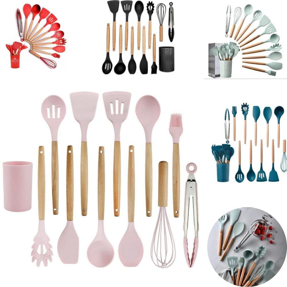 Kit 12 Utensílios De Cozinha Em Silicone E Cabo De Madeira