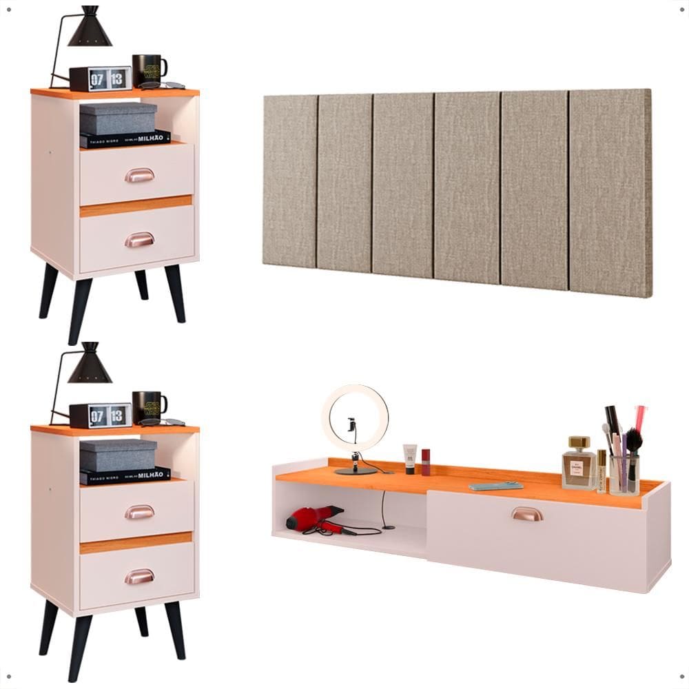 Kit Quarto 2 Mesinhas Mesa Lateral Cama Penteadeira Suspensa Camarim Off White/Cinamomo Cabeceira King Size 1,95 Estofada Bege Linho - Lojas RPM