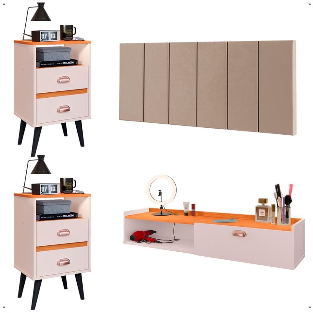 Kit Quarto 2 Mesinhas Mesa Lateral Cama Penteadeira Suspensa Camarim Off White/Cinamomo Cabeceira King Size 1,95 Estofada Bege Suede - Lojas RPM