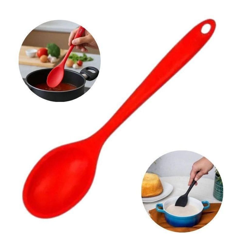 Colher Vermelha Cabo Longo De Silicone Flexível Livre De Bpa