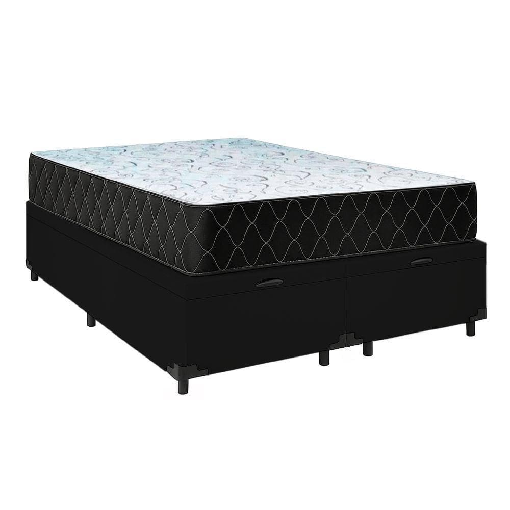Cama Box Baú Queen 158 Tecido Sintético Preto Com Colchão Marrocos - Poliéster - Espuma D33 30cm