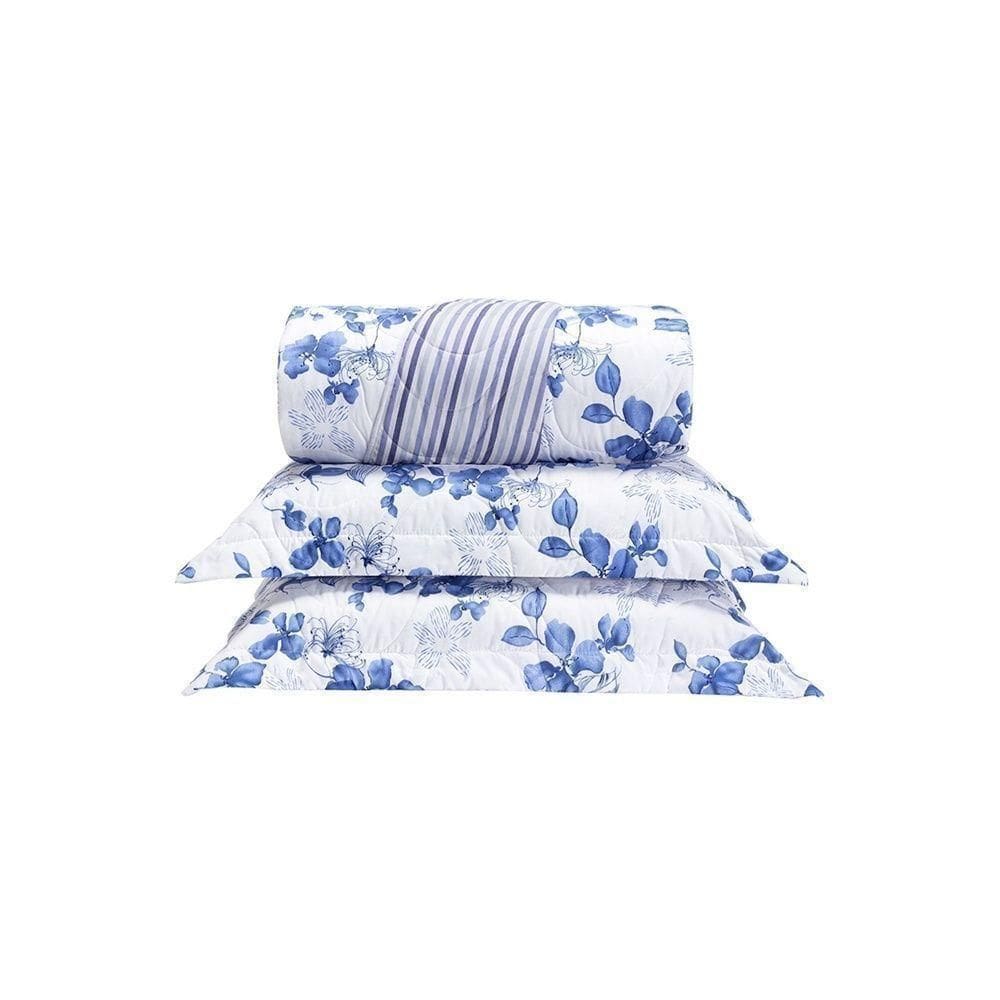 Cobre Leito 3 Peças Queen Percal 200 Fios Colori 100% Poliéster - Flores Azuis