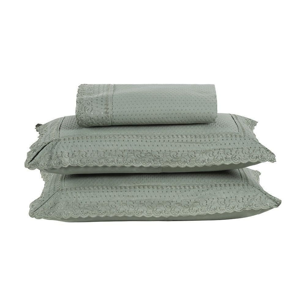 Kit Colcha 3 Peças Queen Percal 300 Fios Bordado Inglês Home Paris - Verde