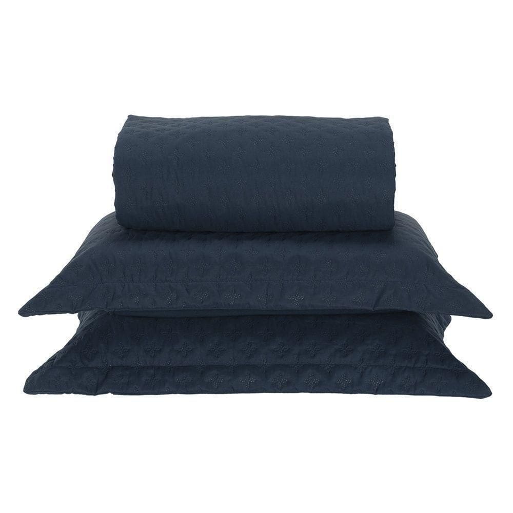 Kit Cobre Leito Milão Casal 3 Peças 100% Poliéster - Petroleo / Branco