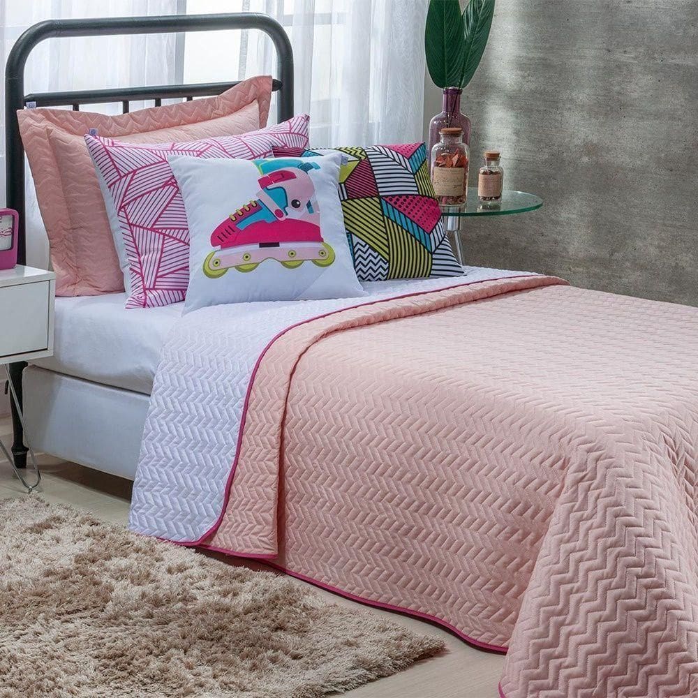 Kit Cobre Leito 5 Peças Solteiro Colorful To Decorando 100% Poliéster - Patins Rosa