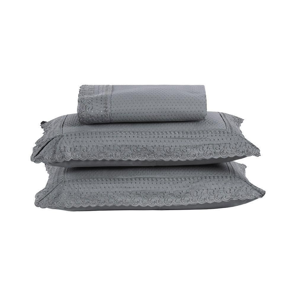Kit Colcha 3 Peças Queen Percal 300 Fios Bordado Inglês Home Paris - Cinza
