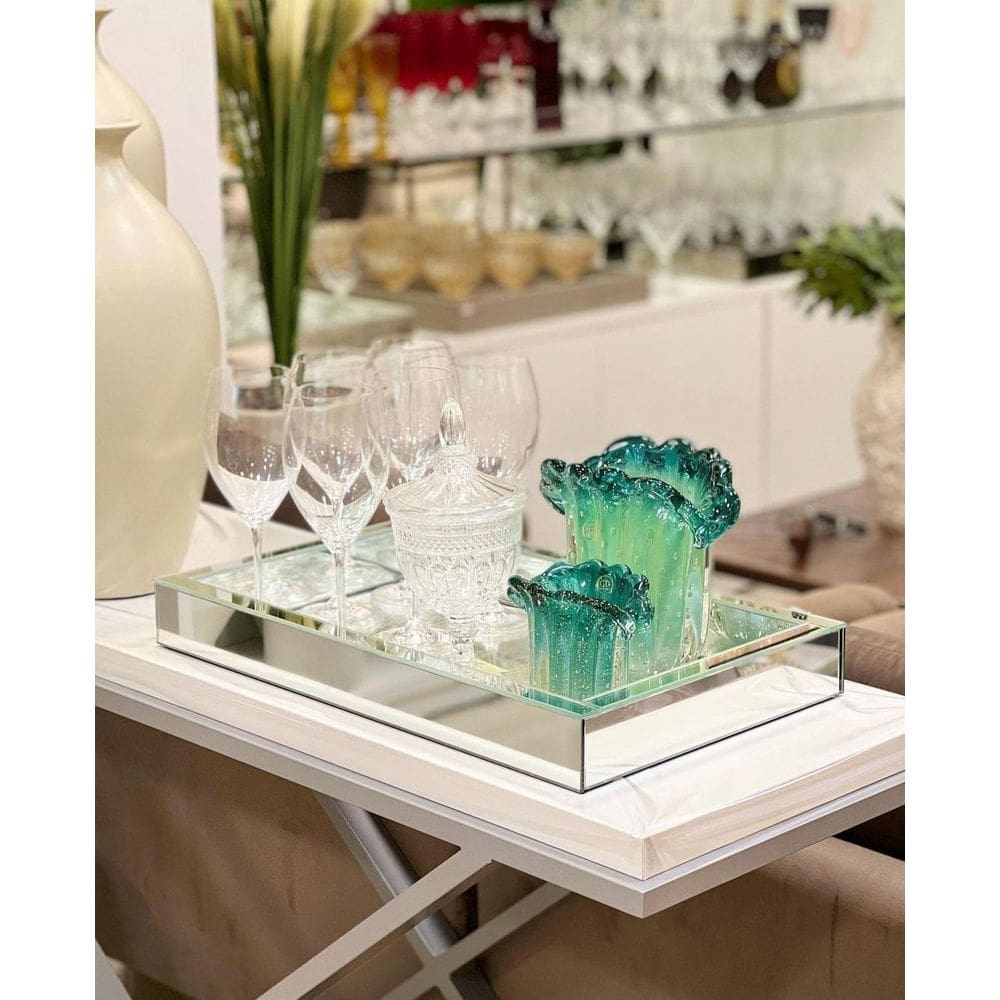 Bandeja Prata Grande Espelhada Vidro Decoração Casa 60X30