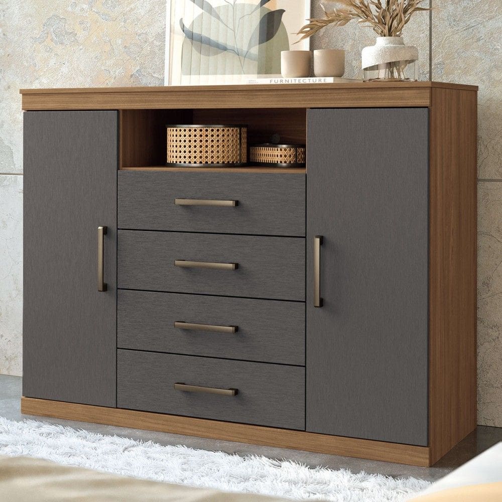 Cômoda Lincon 2 Portas 4 Gavetas Jatoba/Grafite - Pnr Móveis