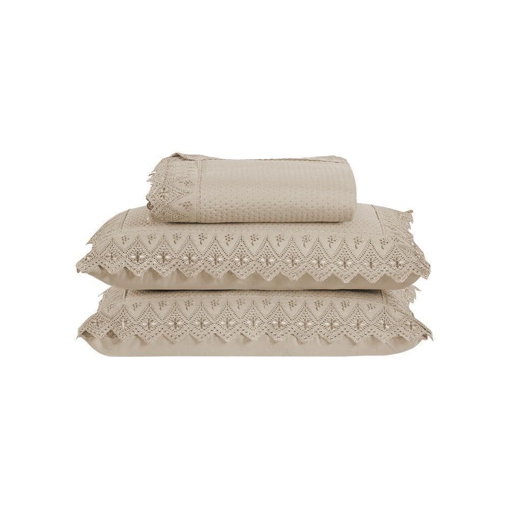 Kit Colcha 3 Peças Queen Percal 300 Fios Bordado Inglês Home Madrid 100% Poliéster - Avelã