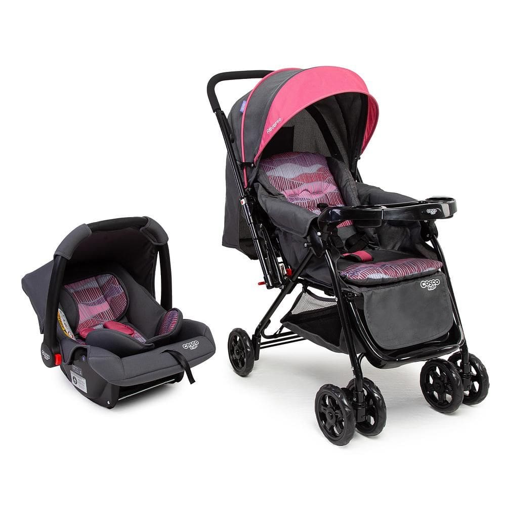 Carrinho com Bebê Conforto Travel System Reverse Duo Rosa Onda - Cosco Kids