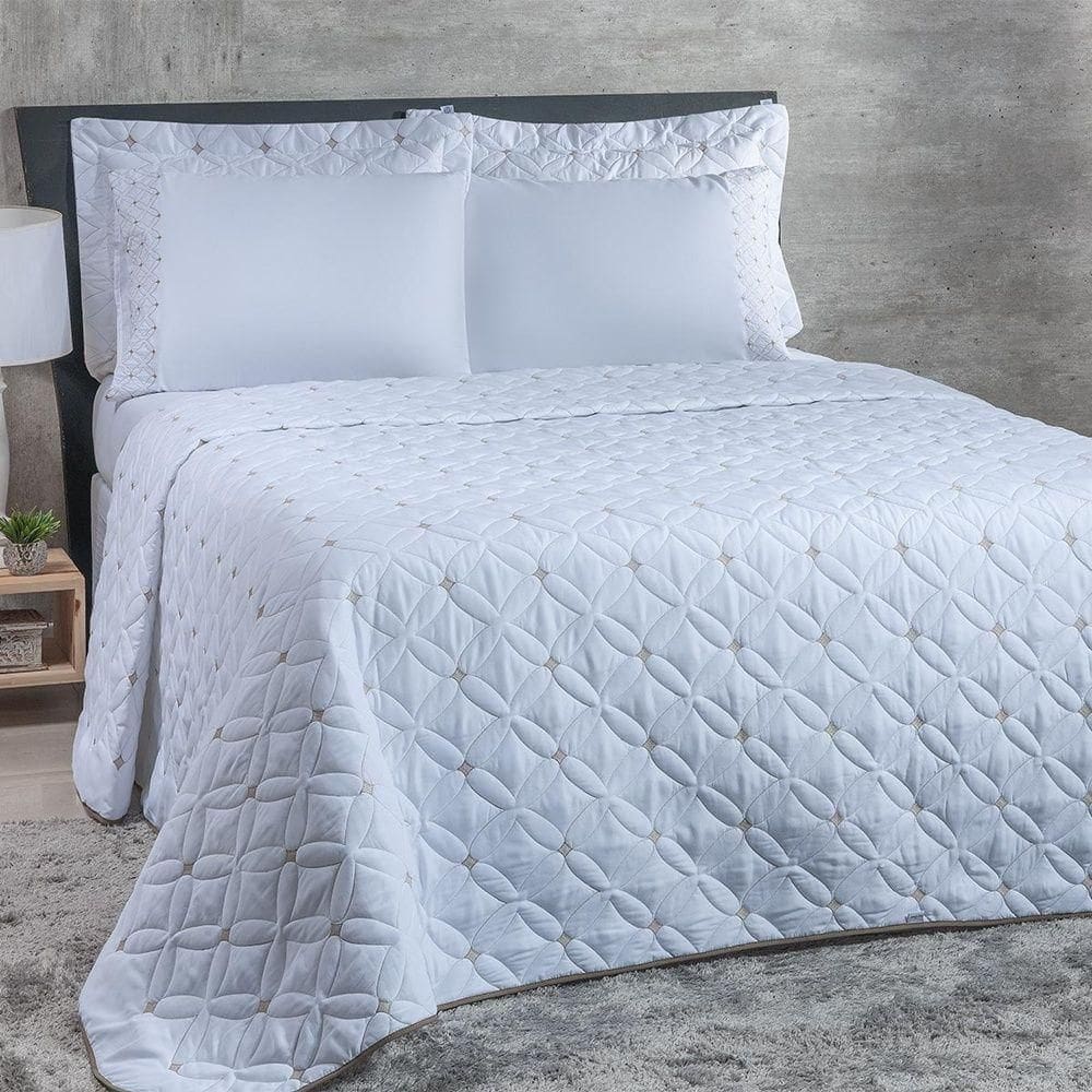 Kit Cobre Leito 6 Peças Casal Ideale Percal 200 Fios 100% Poliéster - Branco/cáqui