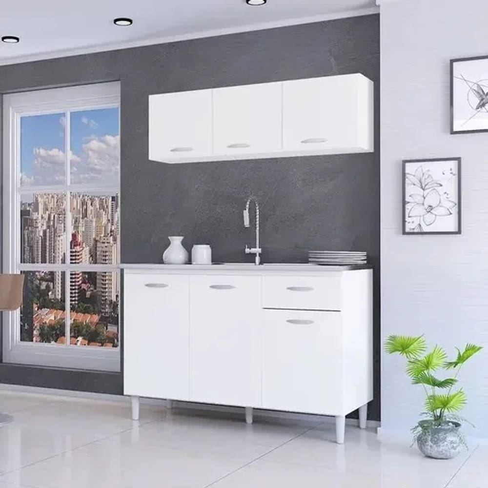 Cozinha Modulada Alice 120cm Armário Aéreo e Balcão para Pia Branco Poquema