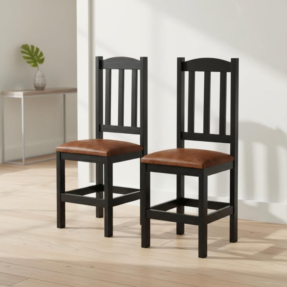 Kit 2 Cadeiras Em Madeira Maciça Reforçada Diamante - Preto Com Estofado Marrom