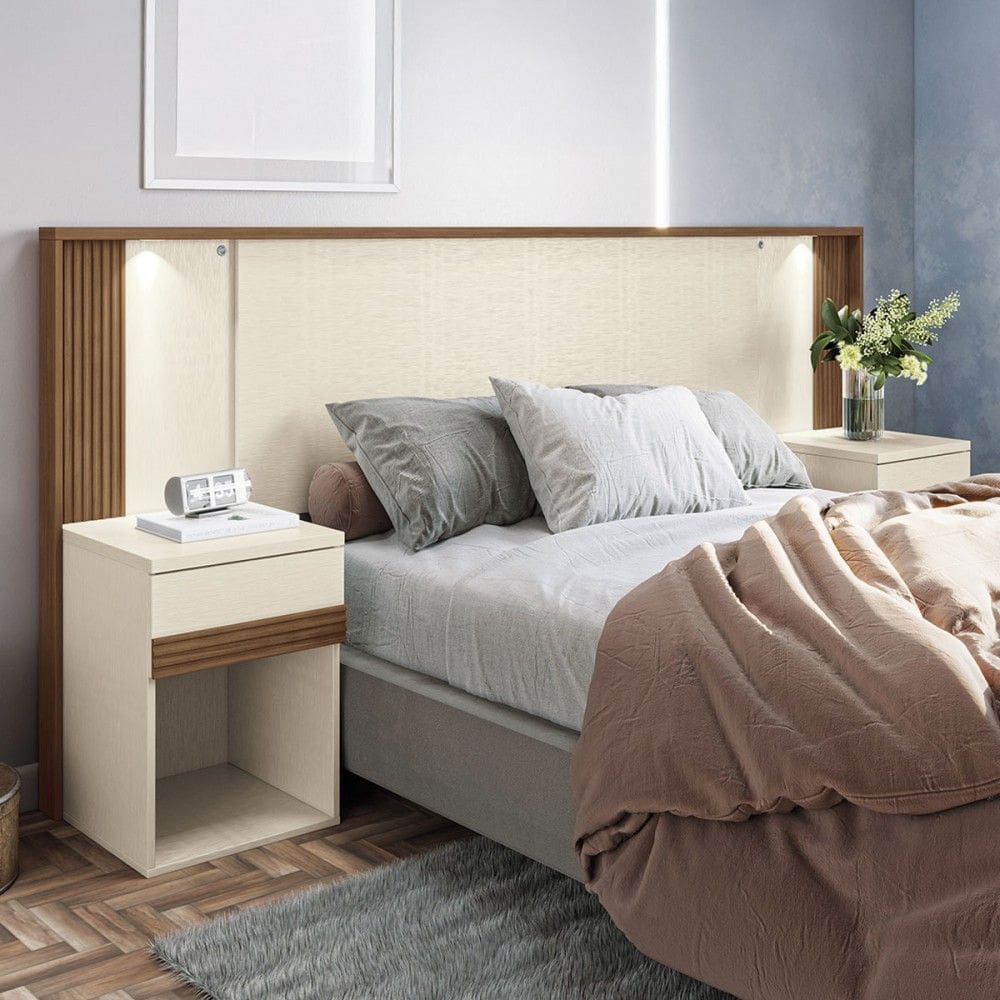 Cabeceira Casal Tennesse 2 Gavetas Ripado com Led Jatoba/Areia - Pnr Móveis