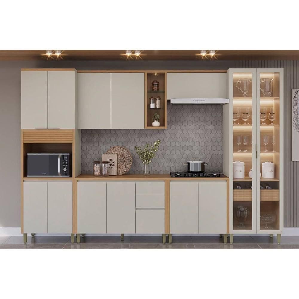 Kit Cozinha Modulada 6 Peças Allure (2aéreos+2balcões+1cristaleira+1paneleiro) Cp07 Jequitiba-gris Fosco - Linea Brasil