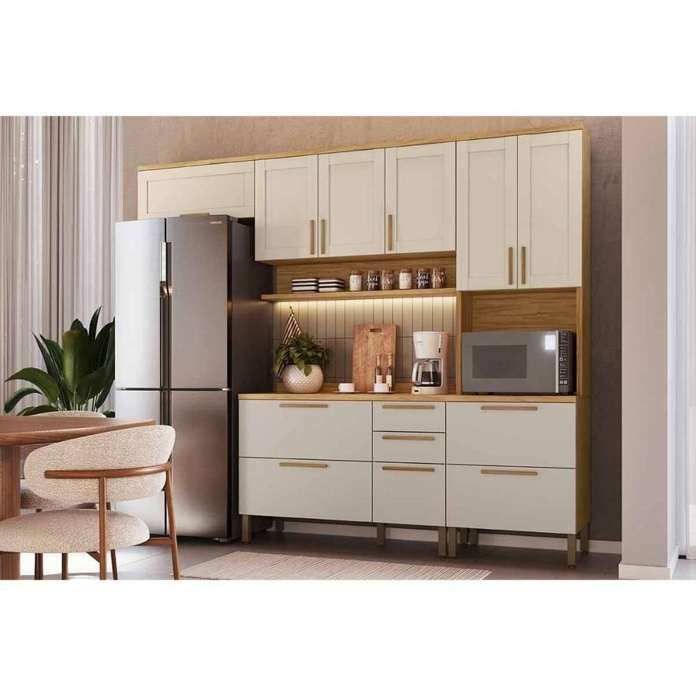 Cozinha Completa Riesling 4 Peças (3aéreos+2balcões+1paneleiro) C4p228 Amendoa-off White - Ronipa