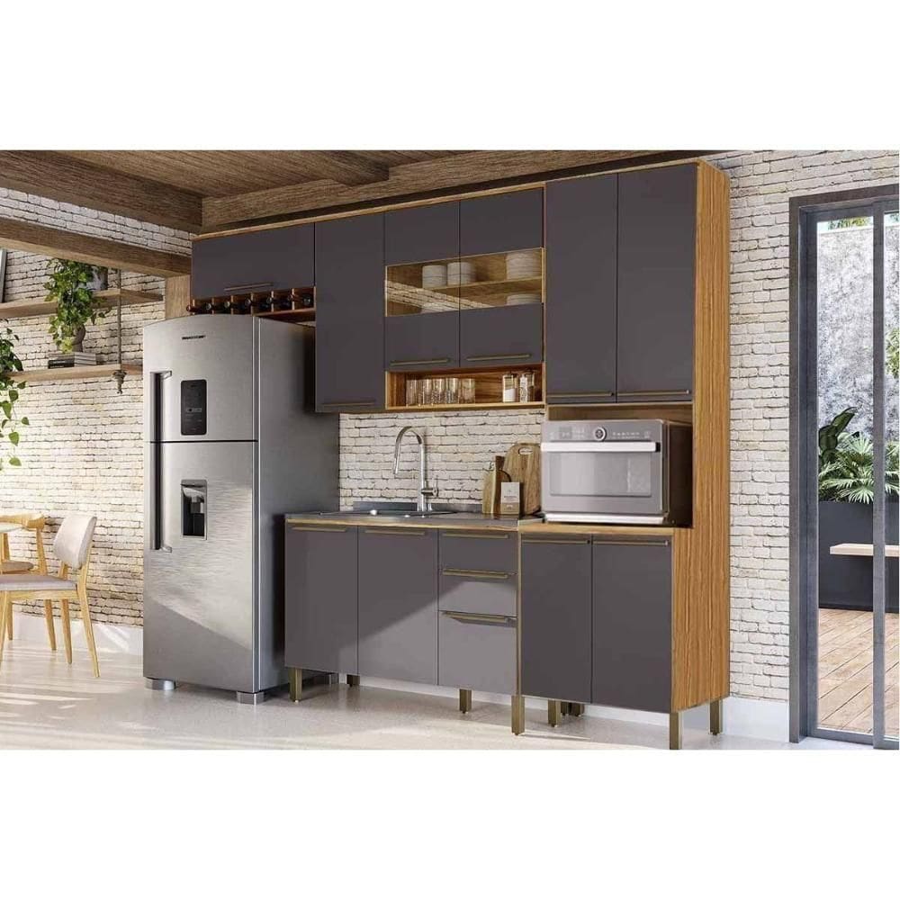 Kit Cozinha Modulada 4 Peças Nápoli Prime (2aéreos+1balcão+1paneleiro) C4p238 Amendoa-grafite - Ronipa