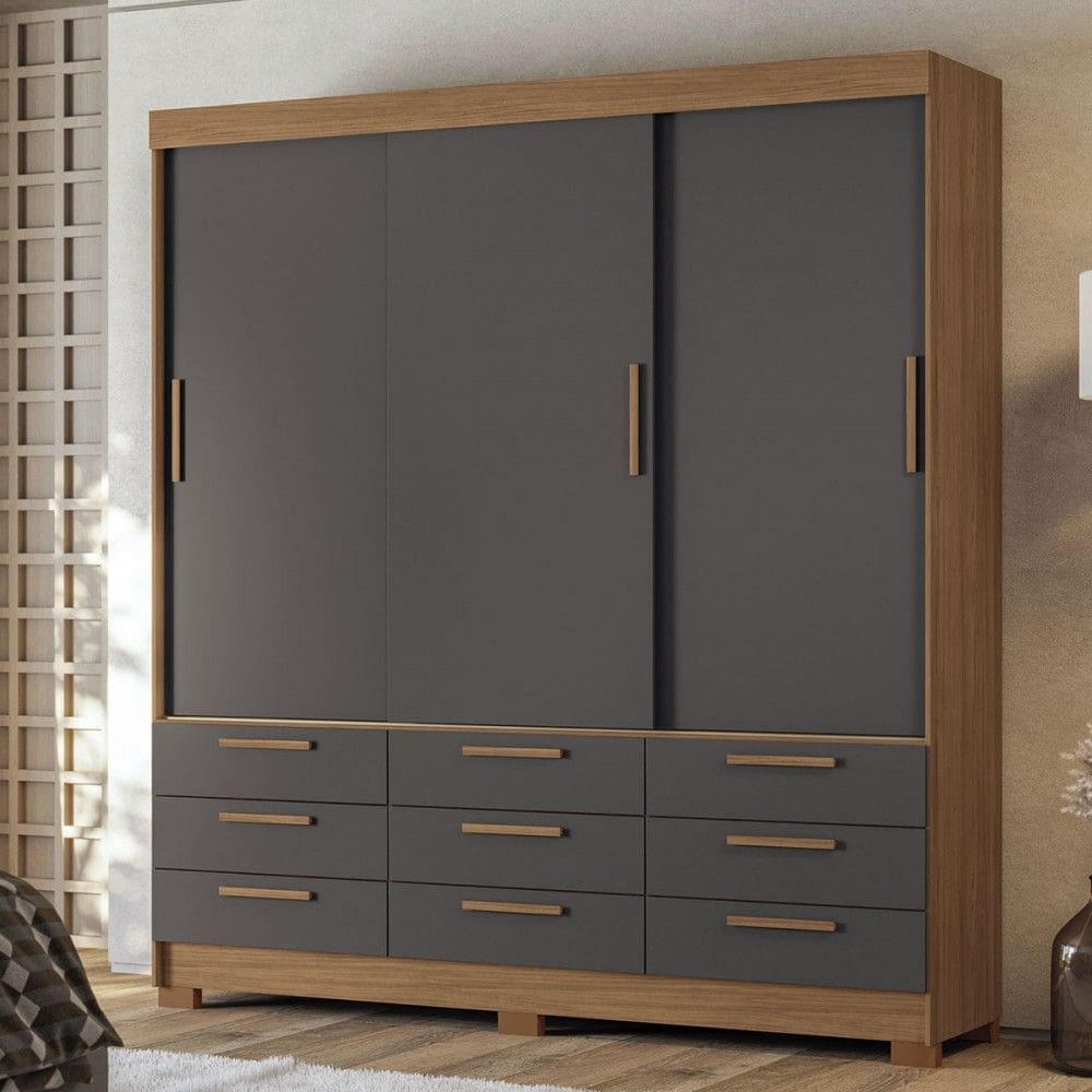 Guarda-Roupa Casal Albatroz 3 Portas 9 Gavetas Jatoba/Grafite - Pnr Móveis