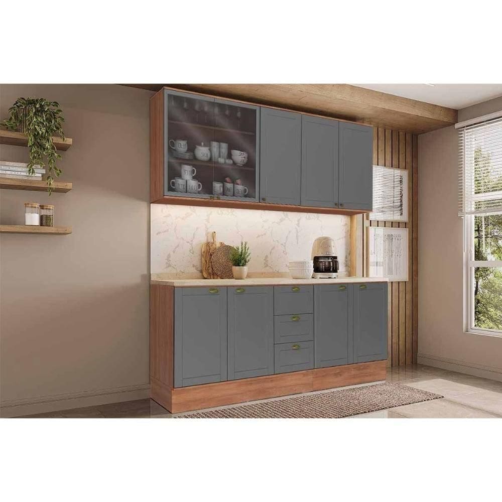 Kit De Cozinha Completa 4 Peças Bella (2aéreos+2balcões) C4p169 Nogal-cinza - Carraro