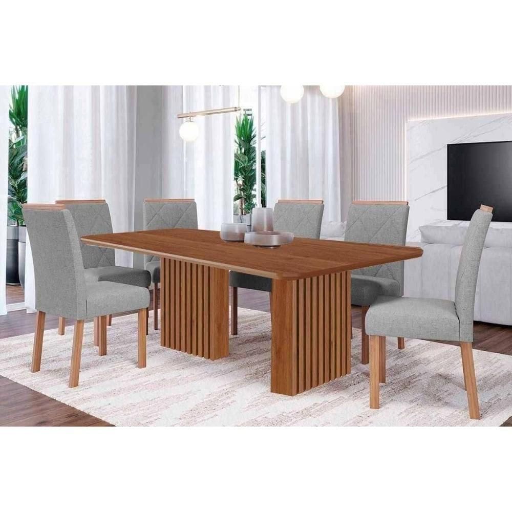 Conjunto: Mesa De Cozinha Ester Tampo Madeirado 180x90cm E 6 Cadeiras Fernanda Cinamomo - Carvalho-linho Grafite - Cimol