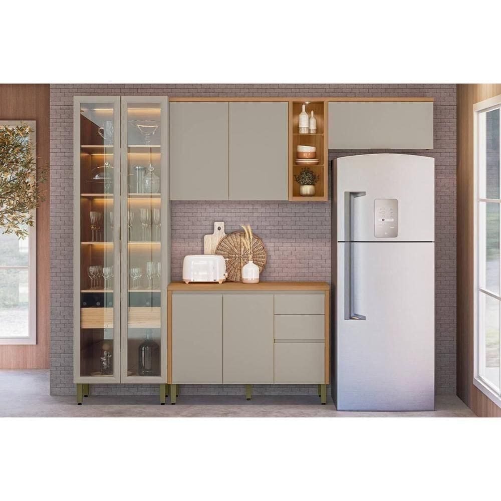Kit Cozinha Modulada 4 Peças Allure (2aéreos+1balcão+1cristaleira) Cp11 Jequitiba-gris Fosco - Linea Brasil