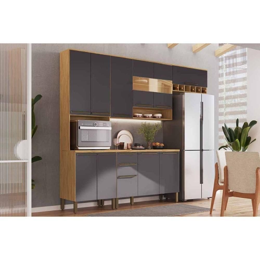 Cozinha Completa Nápoli Prime 4 Peças (2aéreos+1balcão+1paneleiro) C4p237 Amendoa-grafite - Ronipa