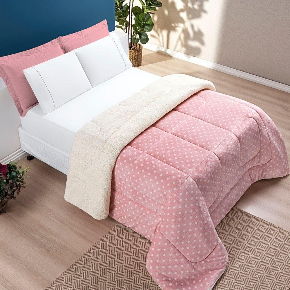 Coberdrom Cobertor Meggy Poá Solteiro Sherpa Manta Flannel Bolinhas - Rosa