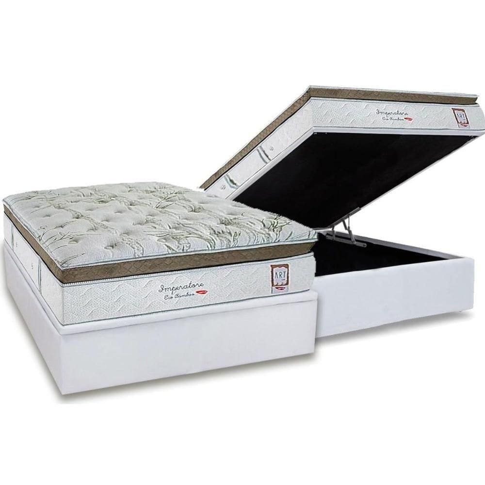 Cama Box Baú Casal: Colchão Molas Ensacadas Herval Imperatore Eco Bamboo + Base Crc Linhão White (138x188)
