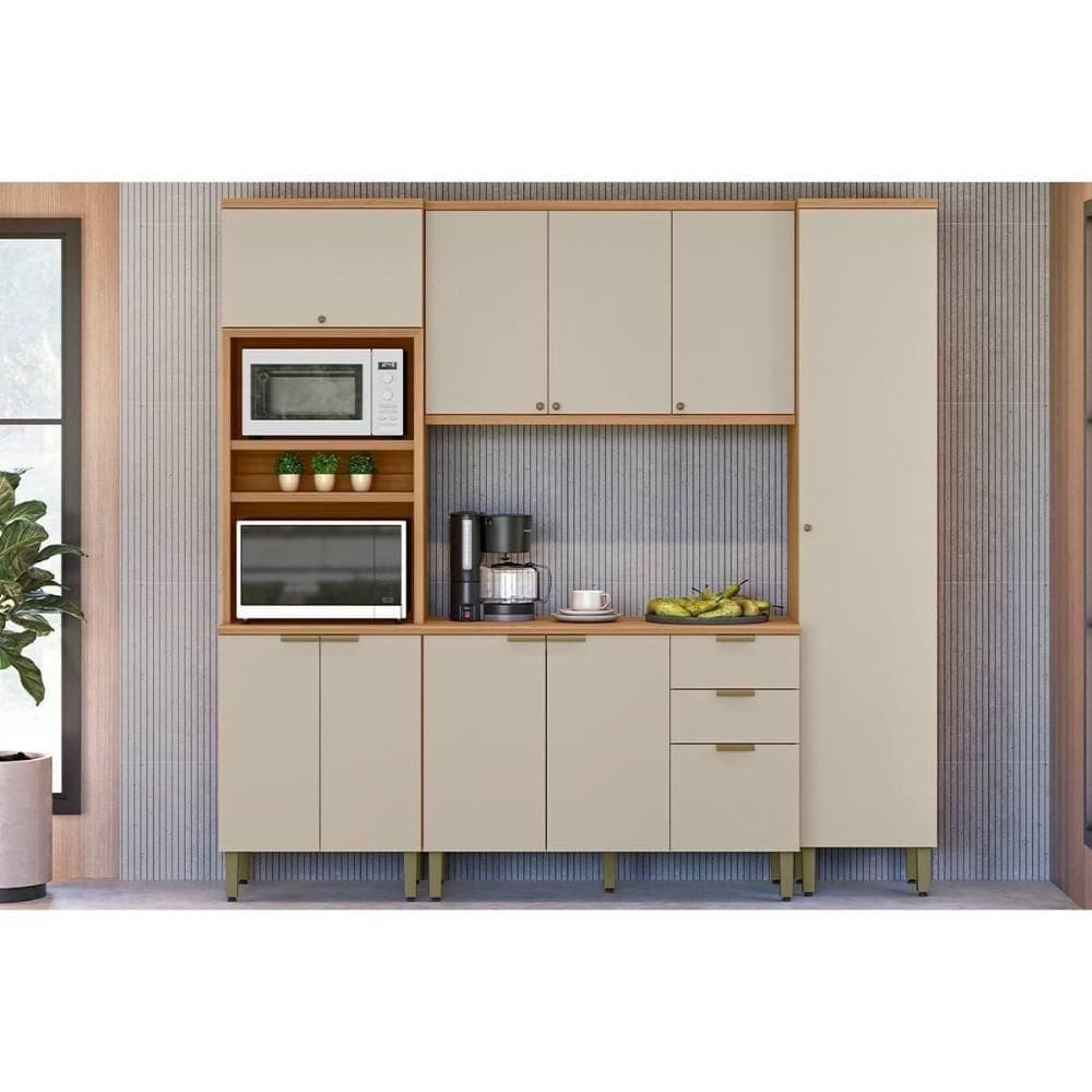 Kit De Cozinha Completa 4 Peças Selene (2aéreos+1paneleiro+1torrequente) Cp09 Jequitiba-off White Fosco - Linea