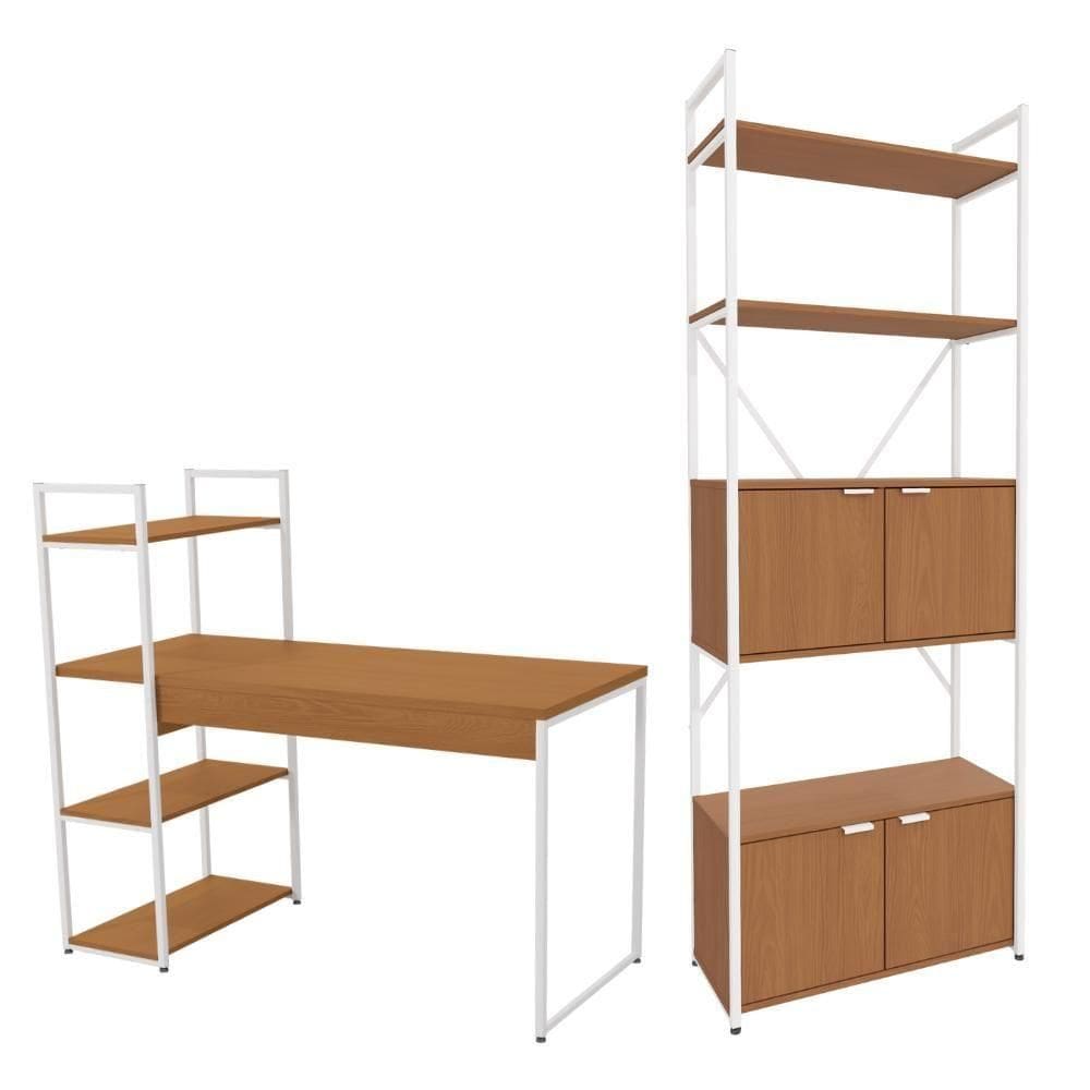 Mesa Escrivaninha E Estante Alta 4 Portas Canela Branco Kpb Canela Branco