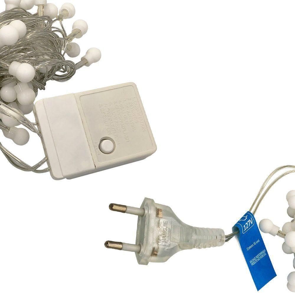 Cordão Led Fio Luz Varal 8 Funções Com 100 Bolinhas Natal 127v - Branco Quente