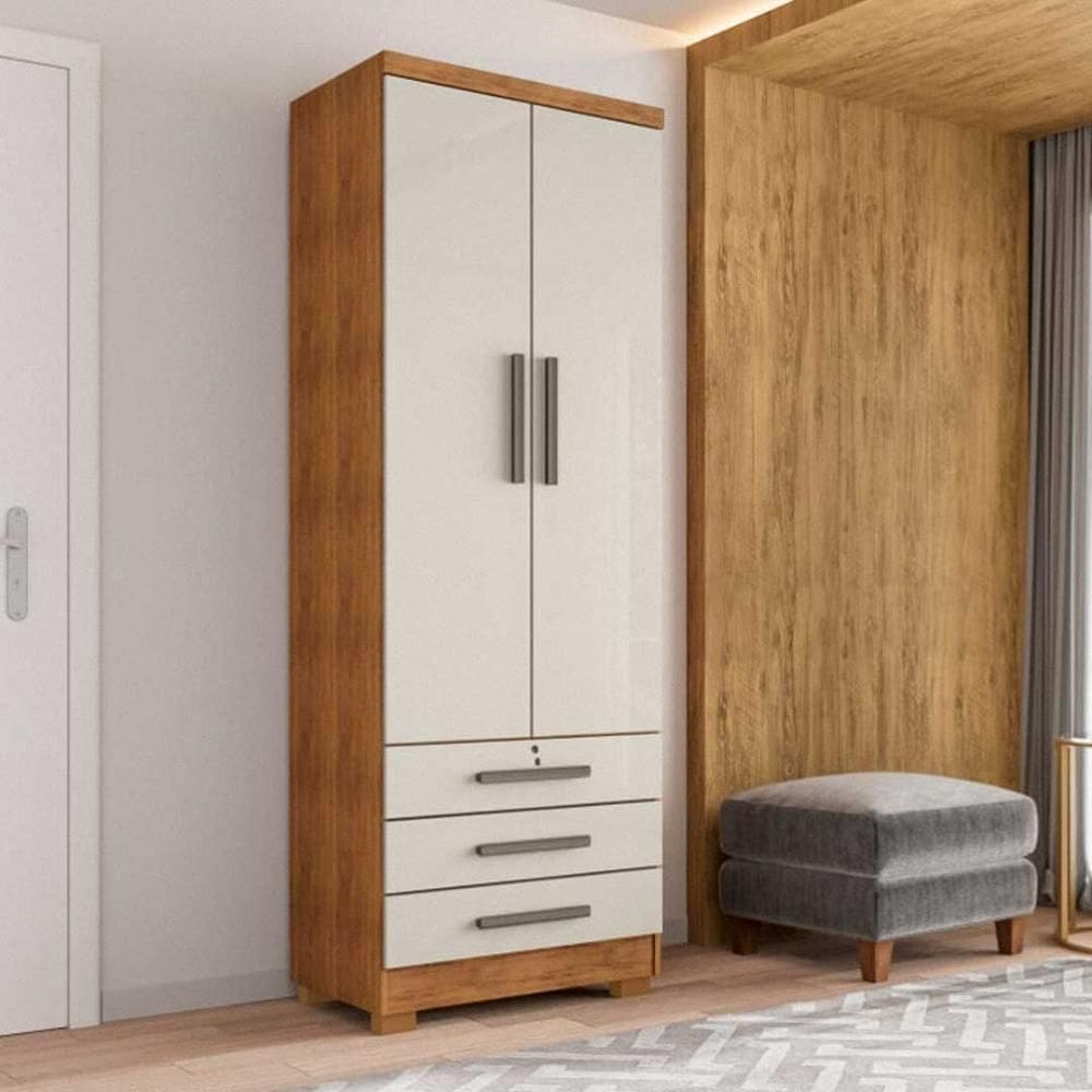 Guarda Roupa Solteiro Floripa 2 Portas 3 Gavetas Com Cabideiro Cedro / Areia Repleta Cedro / Areia