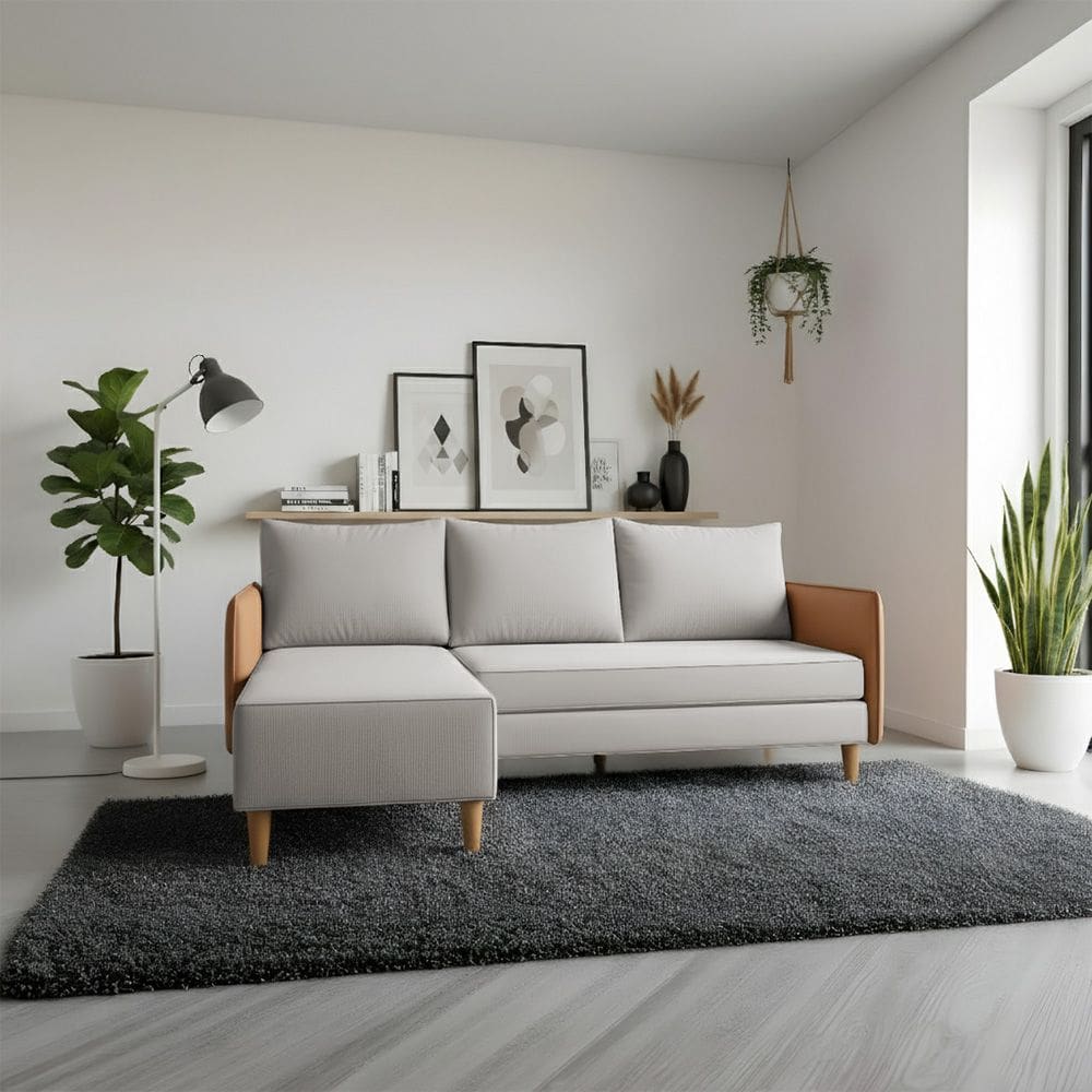 Sofá Living Roma com Chaise 3 Lugares 1,90m Linho Cinza com Braço Corino Caramelo