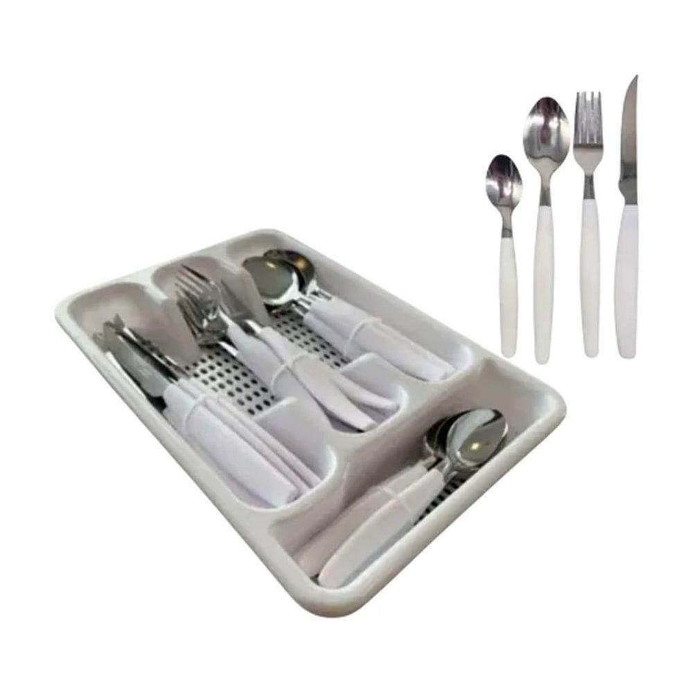 Kit Jogo De Faqueiro 25 Peças Com Porta Talheres Branco