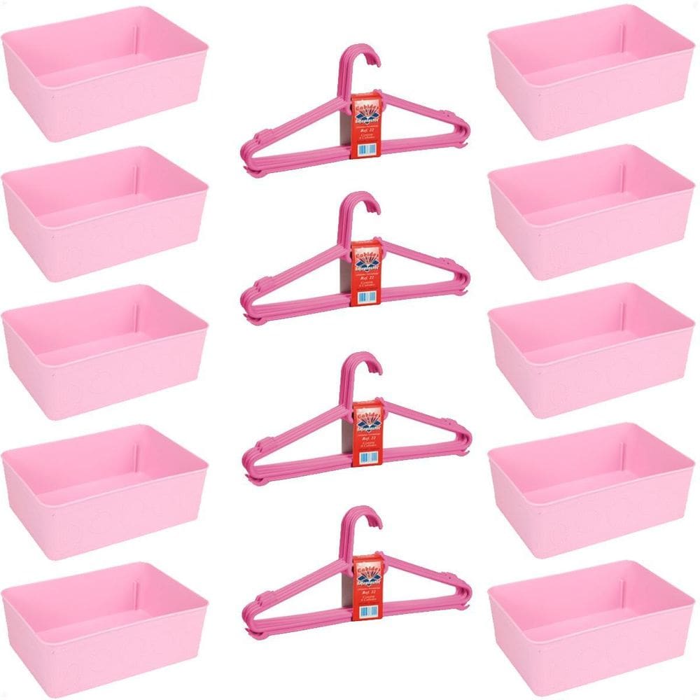 Kit 10 Cestos Multiuso E 20 Cabides Infantil Reforçado Rosa