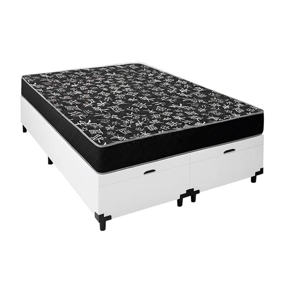 Cama Box Baú Casal 138 Bipartido Tecido Sintético Branco Com Colchão Espuma D20 - Tampo Preto Bello Box 12cm
