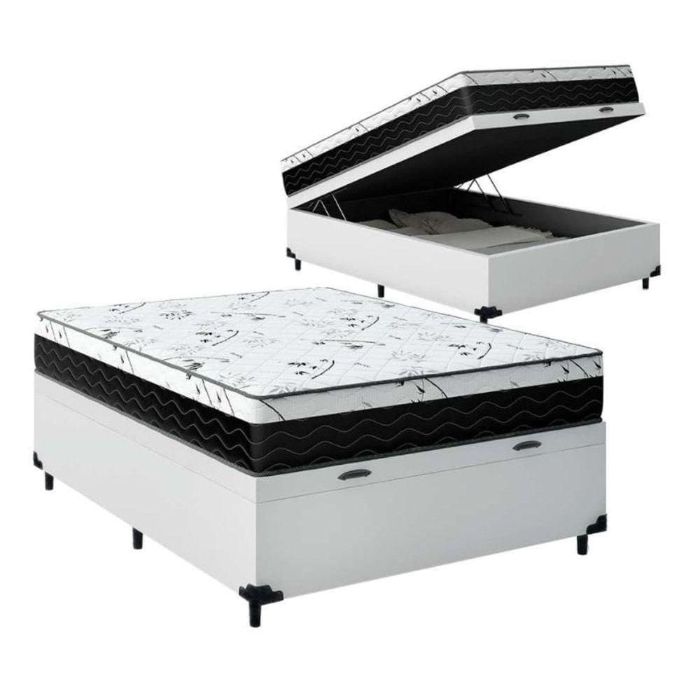 Cama Box Baú Casal 138 Tecido Sintético Branco Com Colchão Espuma D33 One Face Preto - Bello Box - 58x138x188